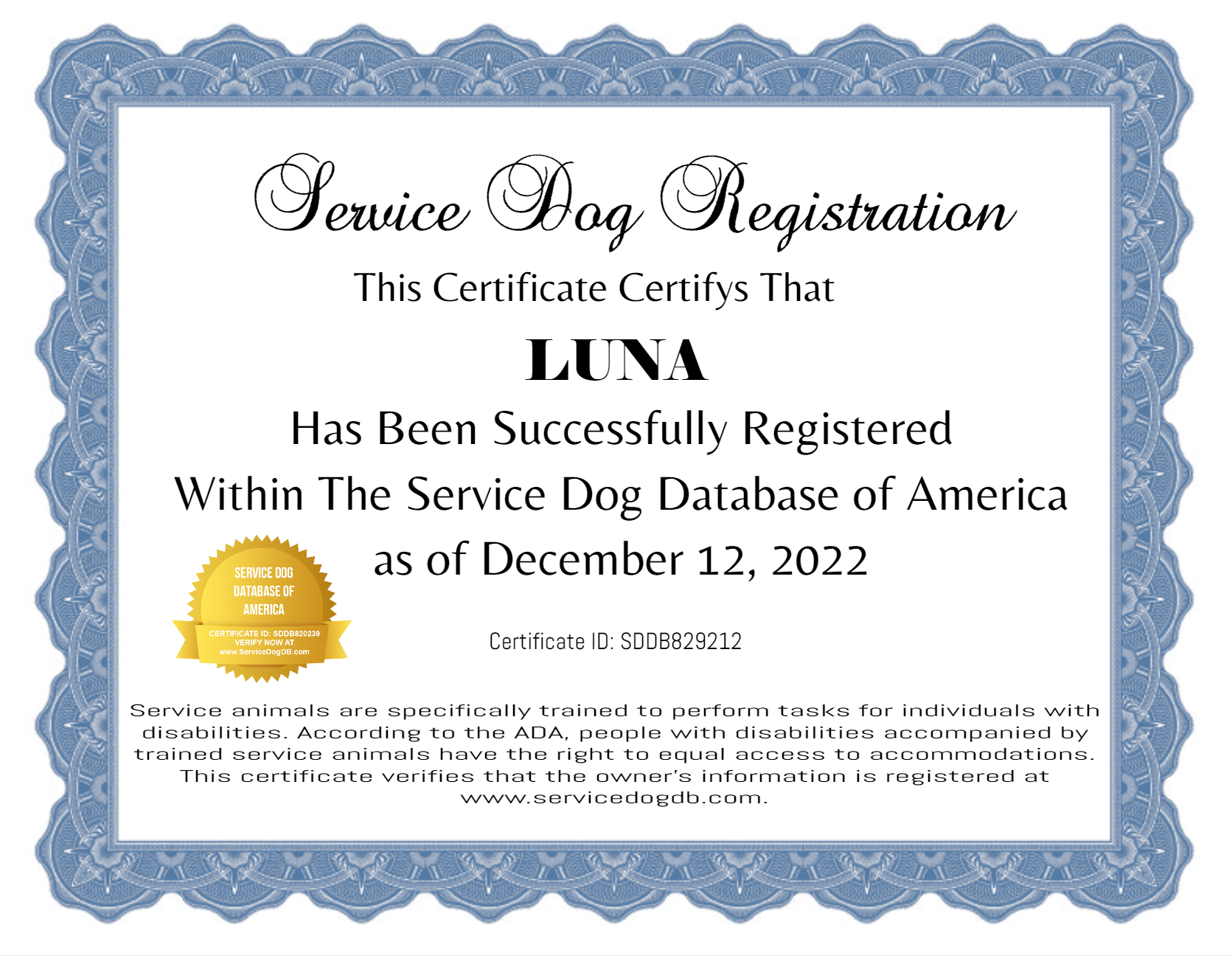 Service Dog Certificate of Registration